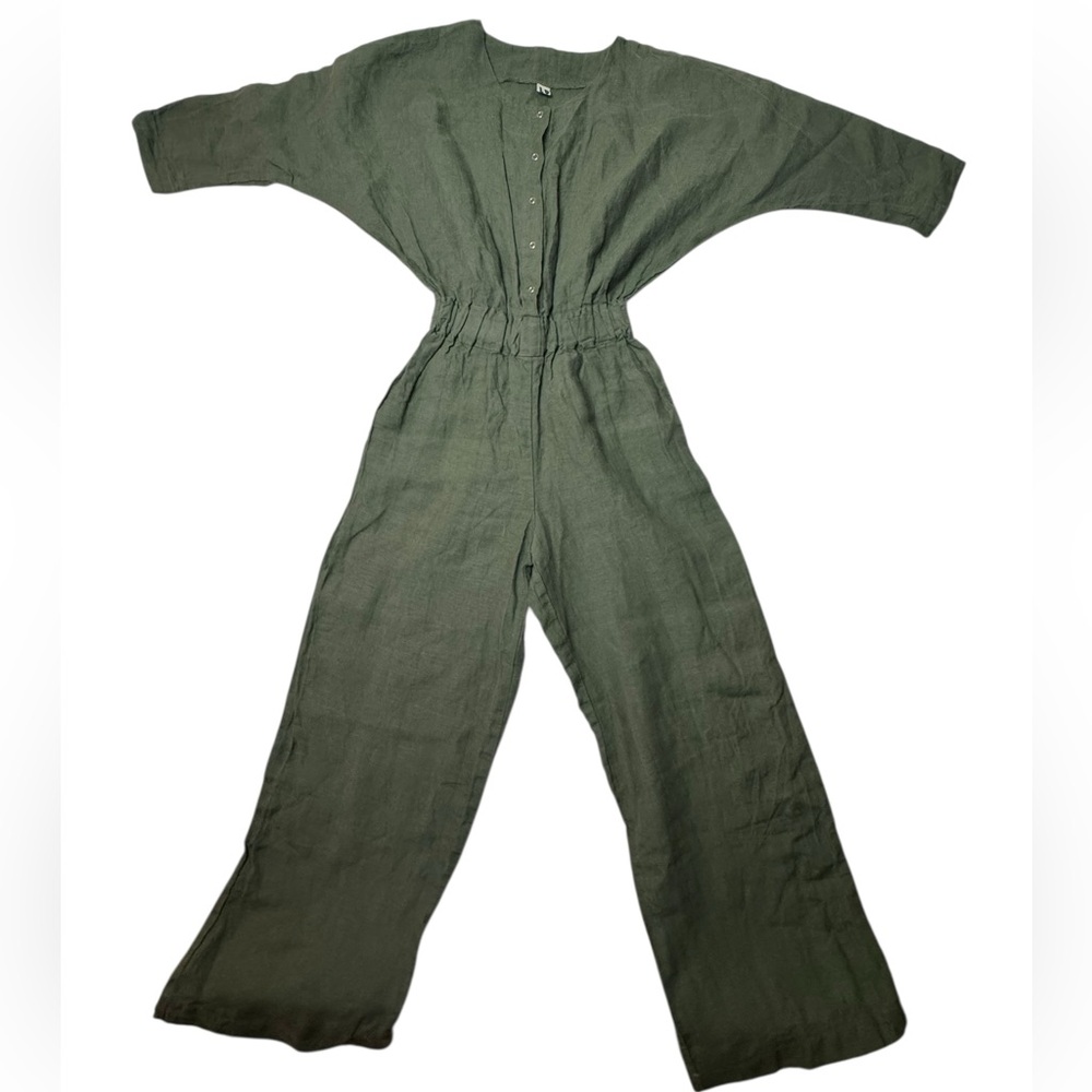 LO Olive Green Linen Jumpsuit | Size Large